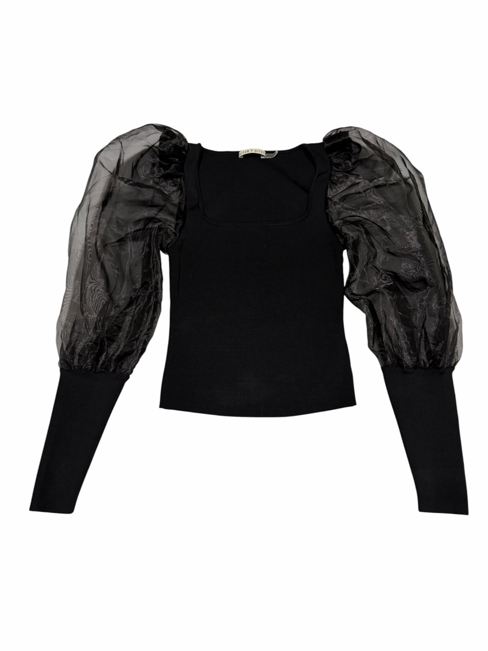 Alice + Olivia Abella Puff Sleeve Square Neck Top | Black | Small - Picture 2 of 6